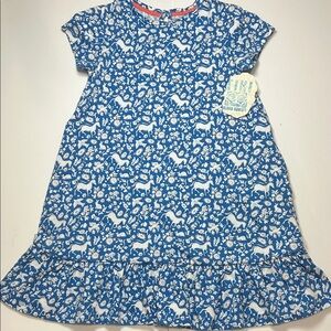 Mini Boden Girls Blue and White Horse Print Cotton Dress with Pockets 7-8